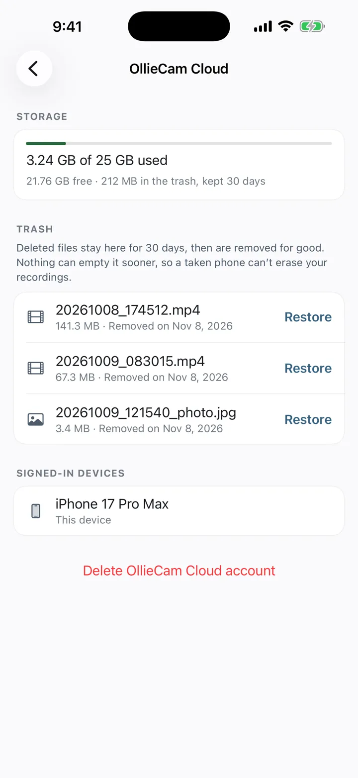 OllieCam Cloud account screen with storage used and trash
