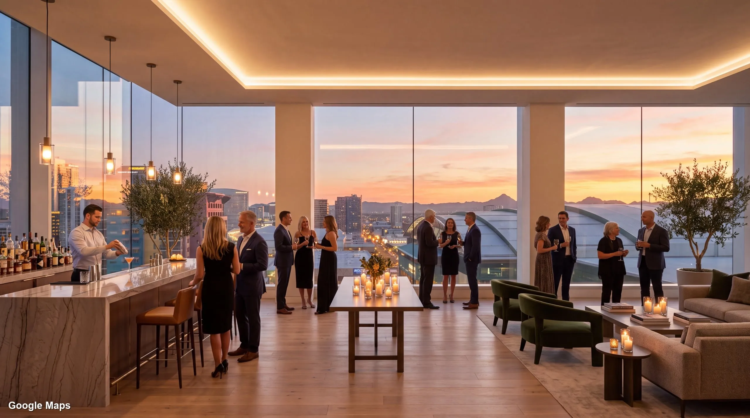 Penthouse interior of a Phoenix concept tower at dusk