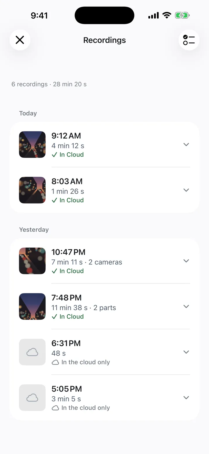 Recordings list showing which videos are in the cloud