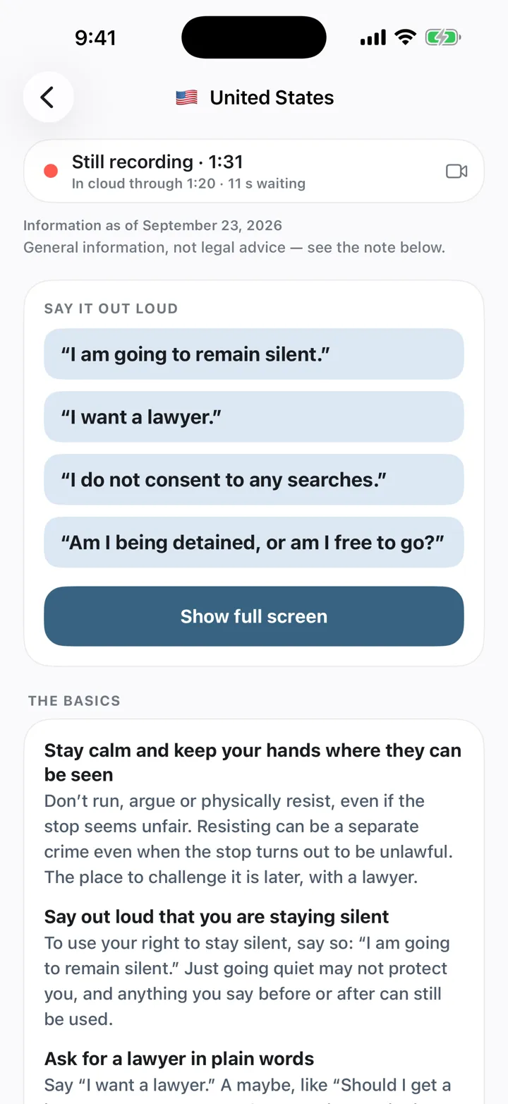 Know Your Rights screen with phrases to say out loud