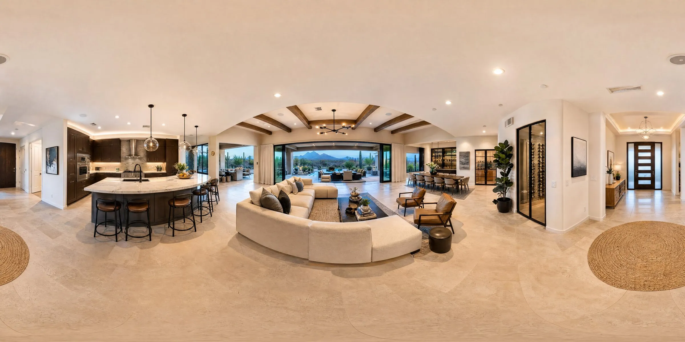 Flattened 360° photo of a furnished living room